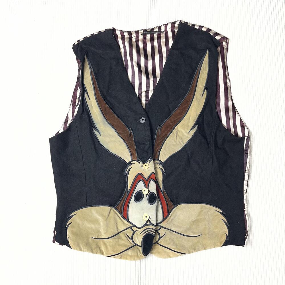 Vintage Warner Bros Studio Store Vest Mens L Black Wile E Coyote Satin 90s
